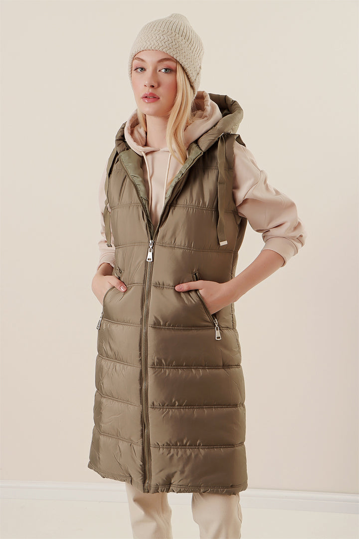 BGD Women Hooded Long Puffer Vest - Çağla - Agrigento