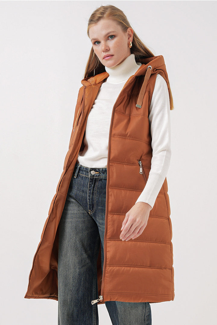 BGD Women Hooded Long Puffer Vest - Camel - West Bromwich