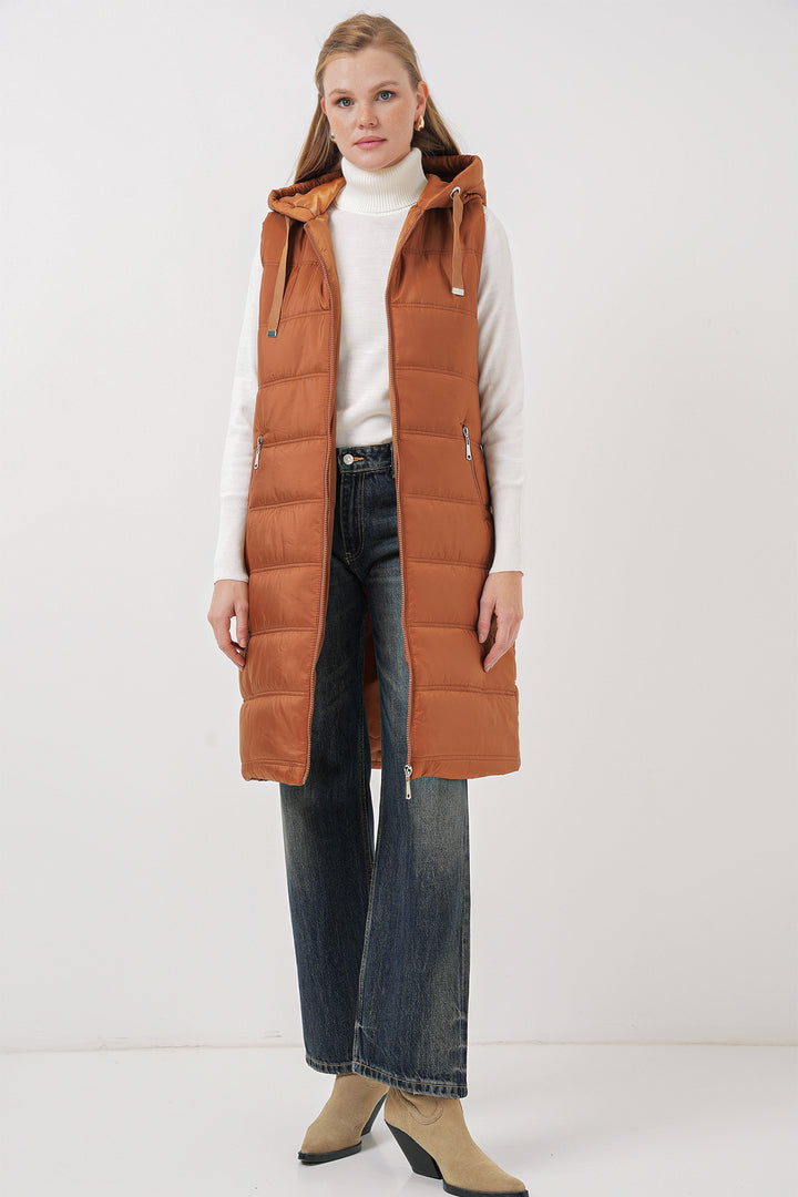 BGD Women Hooded Long Puffer Vest - Camel - West Bromwich
