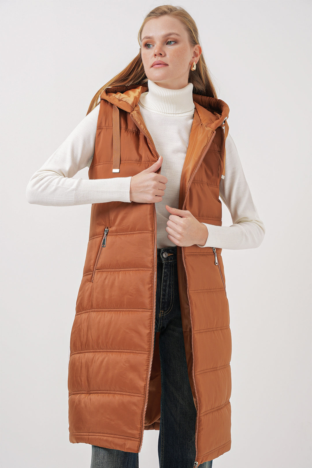 BGD Women Hooded Long Puffer Vest - Camel - West Bromwich