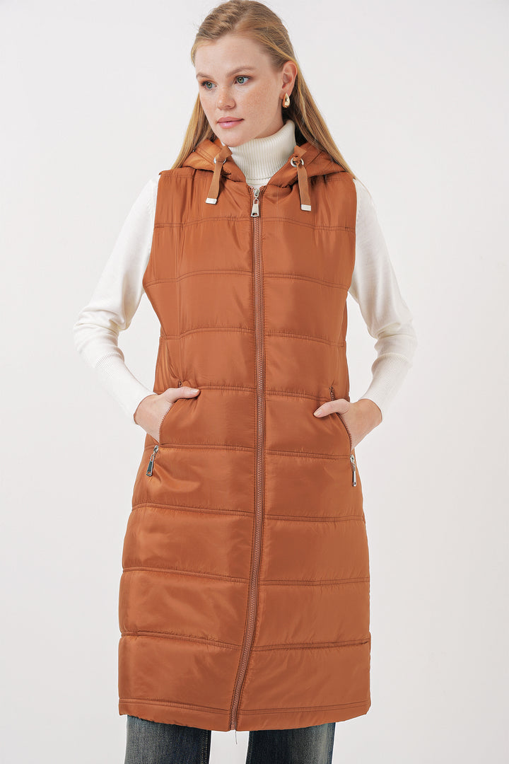 BGD Women Hooded Long Puffer Vest - Camel - West Bromwich