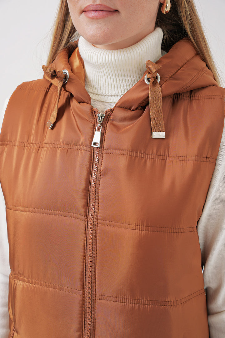 BGD Women Hooded Long Puffer Vest - Camel - West Bromwich