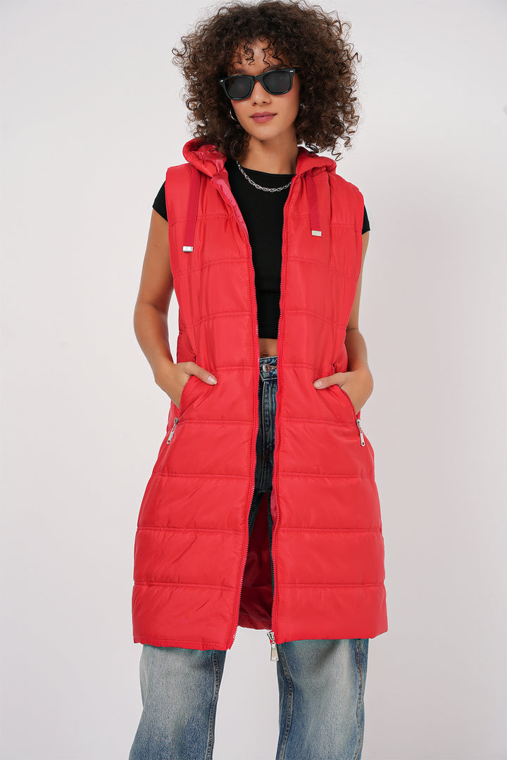 BGD Women Hooded Long Puffer Vest - Dark Red - Bad Salzuflen