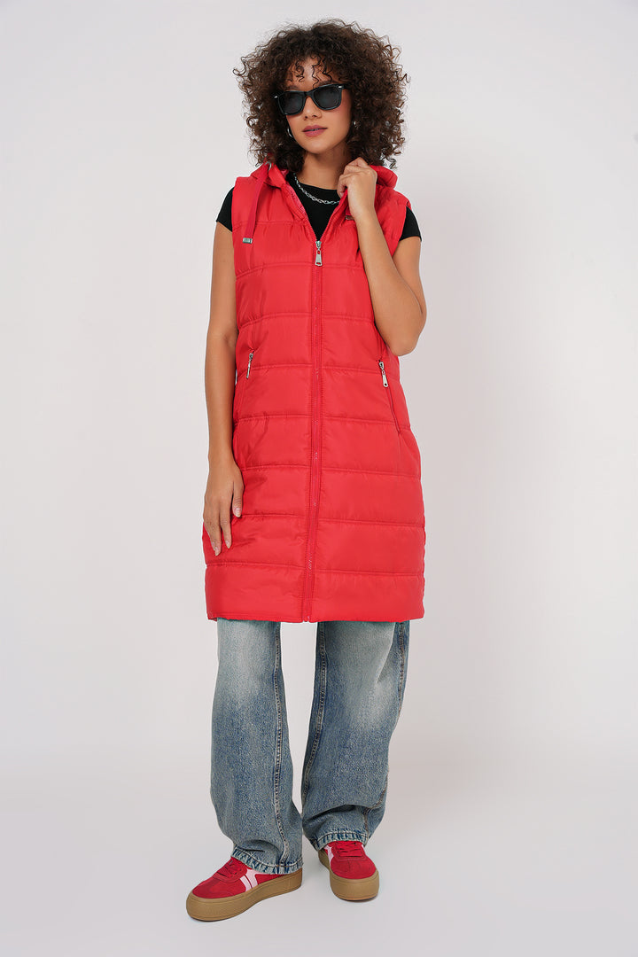BGD Women Hooded Long Puffer Vest - Dark Red - Bad Salzuflen