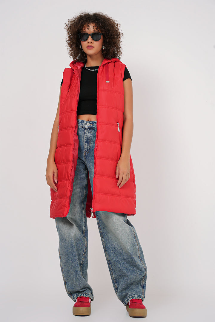 BGD Women Hooded Long Puffer Vest - Dark Red - Bad Salzuflen