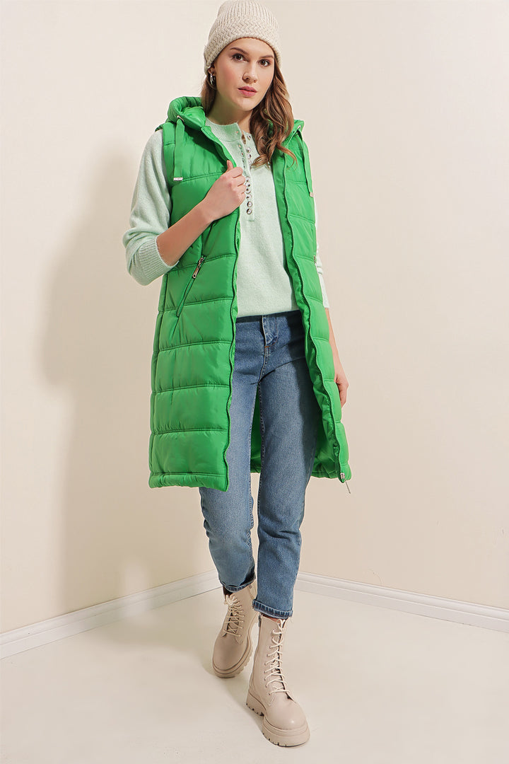 BGD Women Hooded Long Puffer Vest - Dark Green - Níkaia
