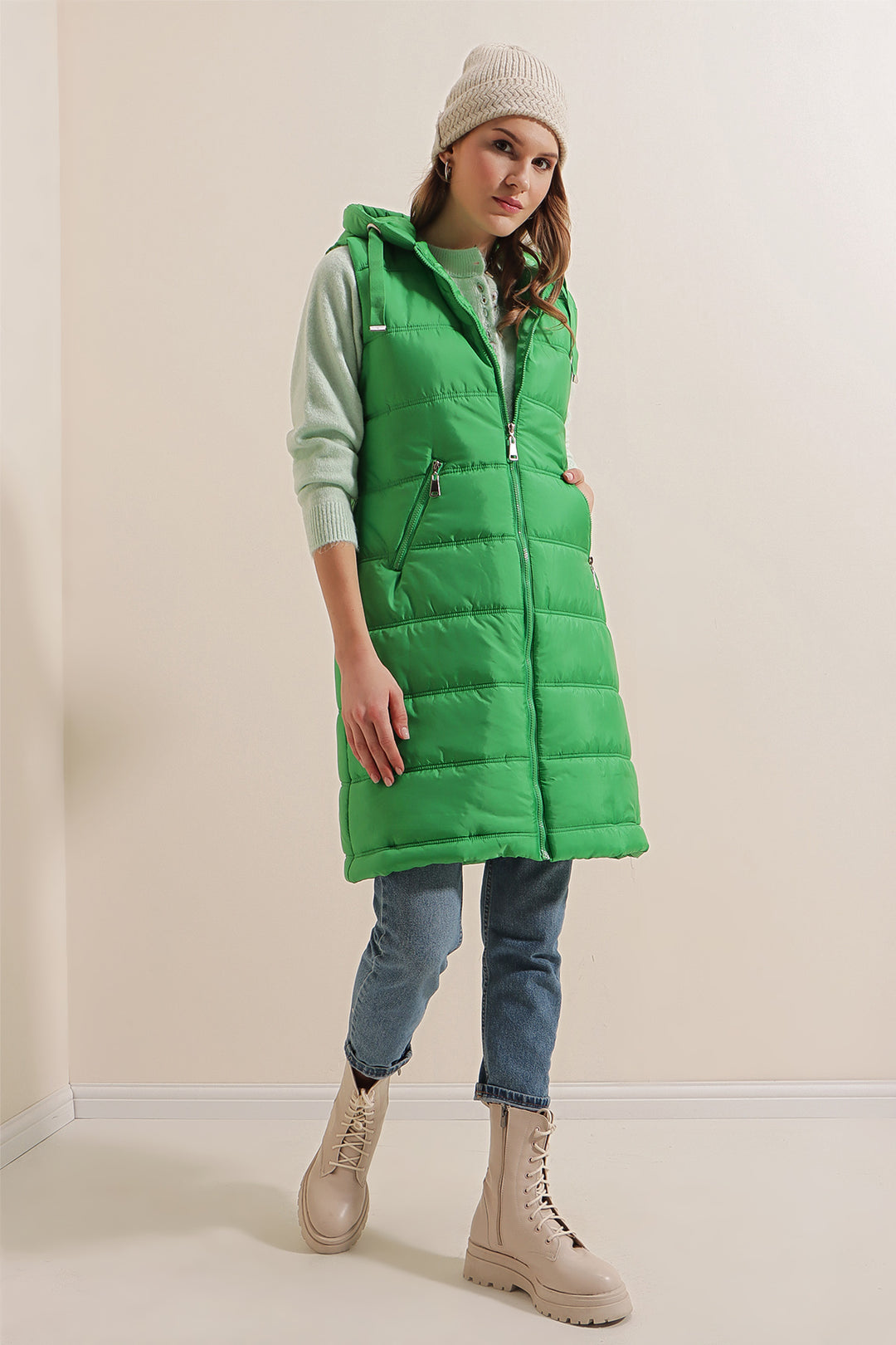 BGD Women Hooded Long Puffer Vest - Dark Green - Níkaia