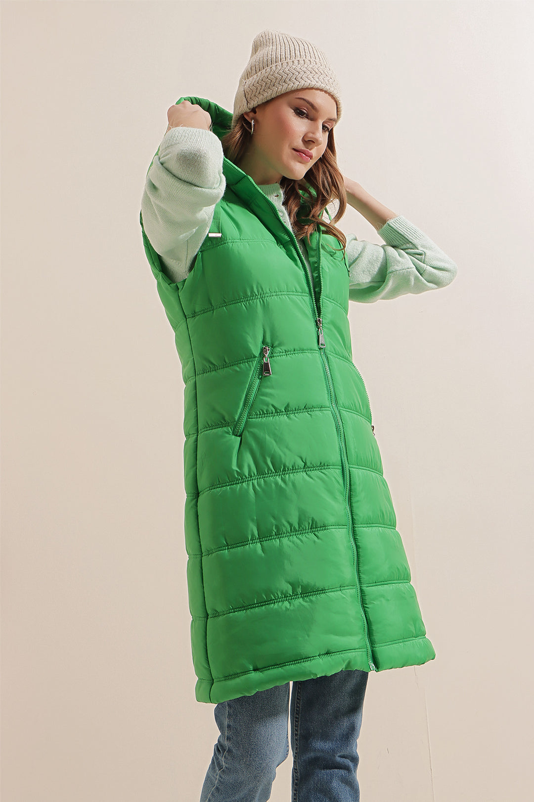 BGD Women Hooded Long Puffer Vest - Dark Green - Níkaia