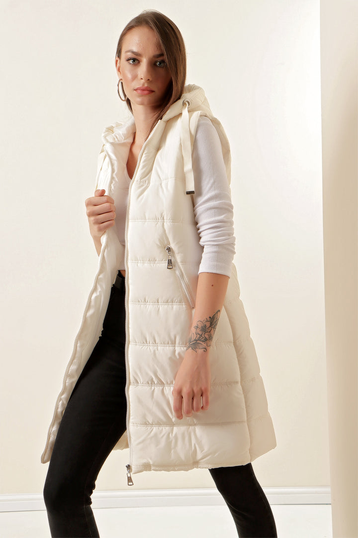 BGD Women Hooded Long Puffer Vest - Ecru - Seraing