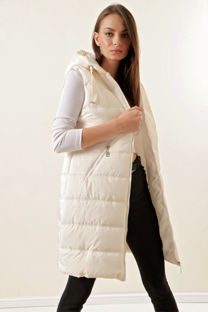 BGD Women Hooded Long Puffer Vest - Ecru - Seraing