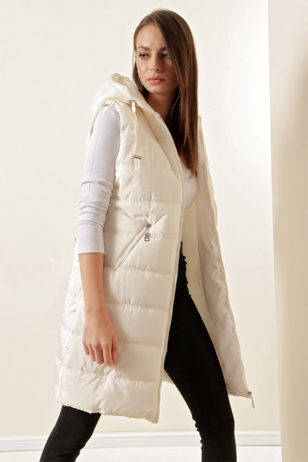 BGD Women Hooded Long Puffer Vest - Ecru - Seraing