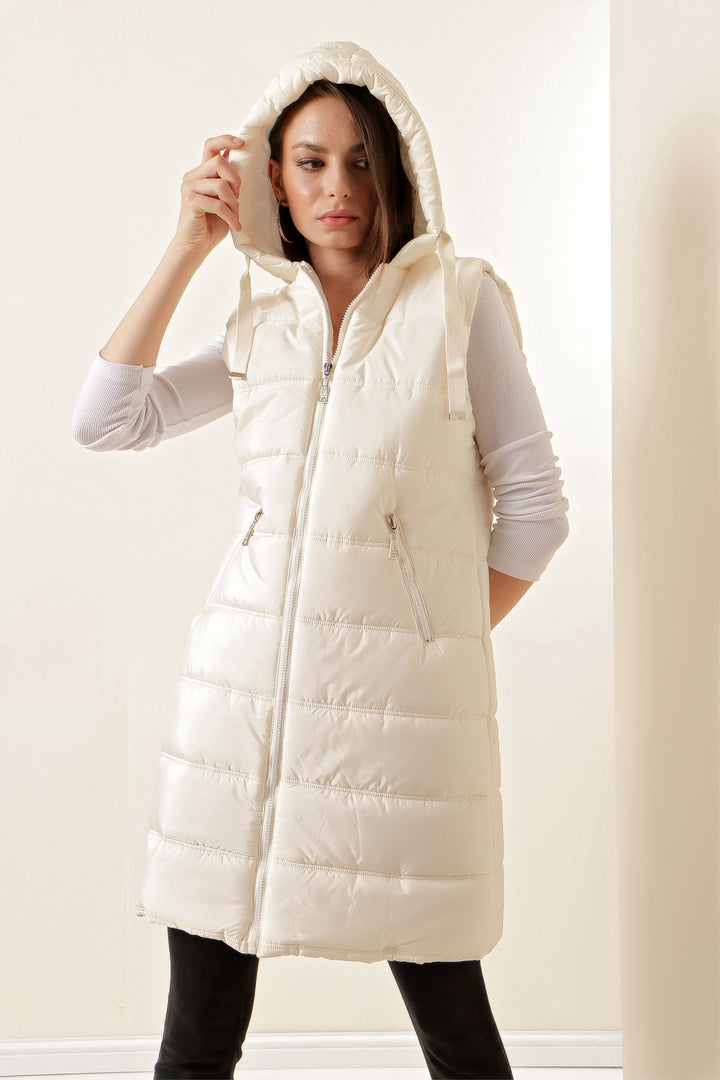 BGD Women Hooded Long Puffer Vest - Ecru - Seraing