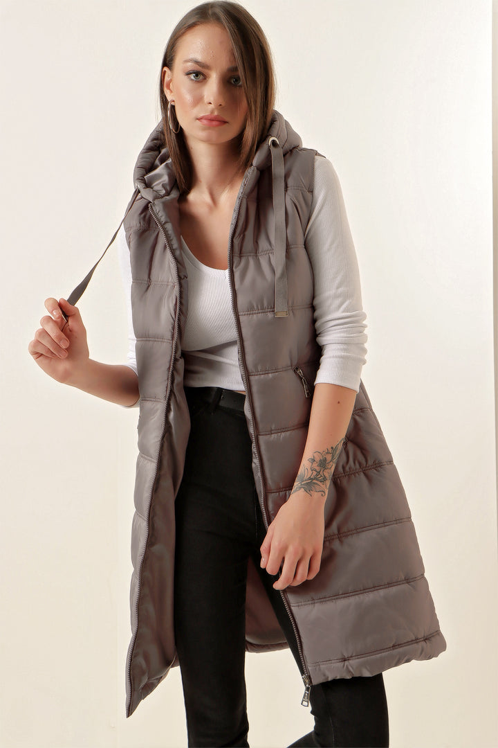 BGD Women Hooded Long Puffer Vest - Gray - Avondale