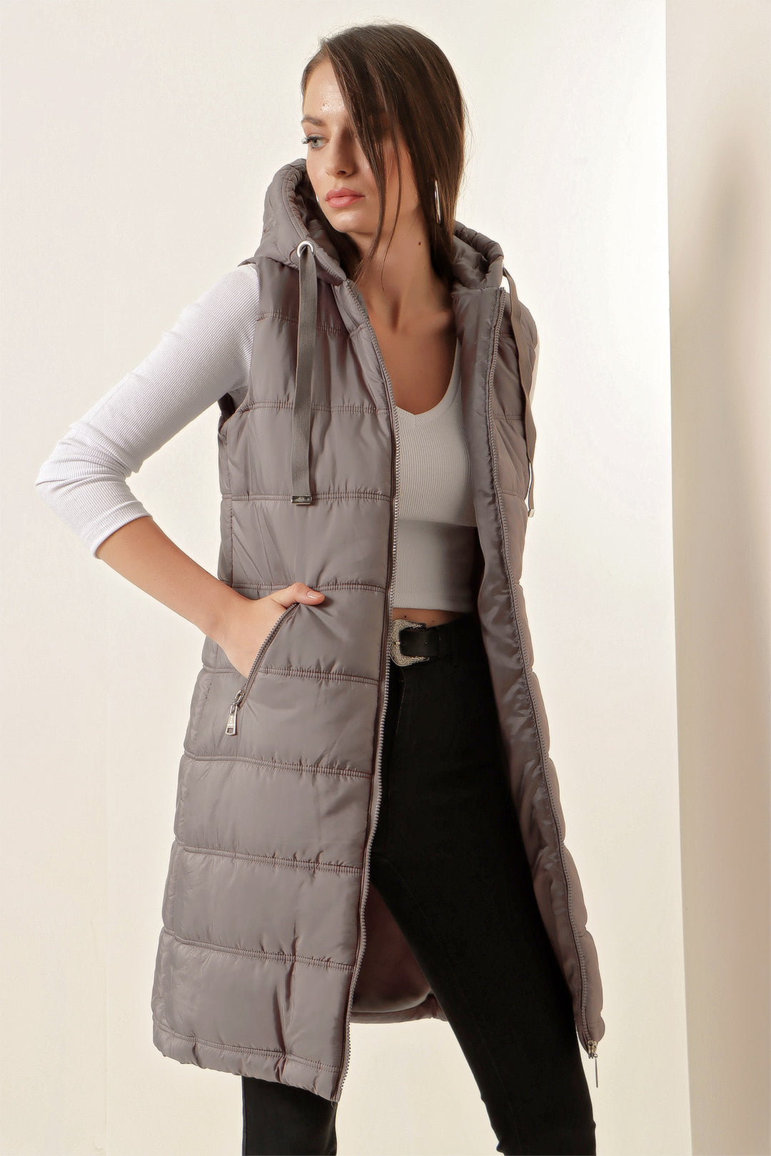 BGD Women Hooded Long Puffer Vest - Gray - Avondale