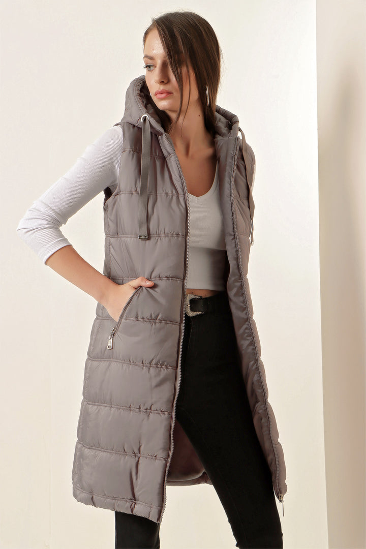 BGD Women Hooded Long Puffer Vest - Gray - Avondale