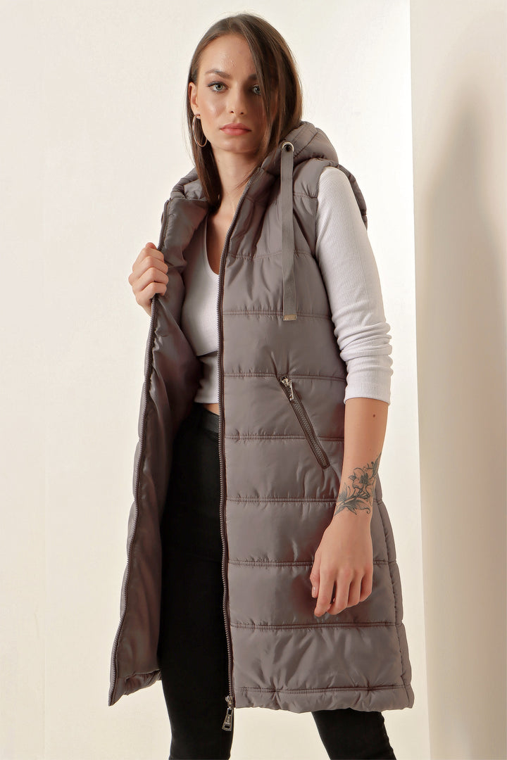 BGD Women Hooded Long Puffer Vest - Gray - Avondale