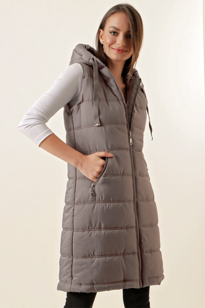 BGD Women Hooded Long Puffer Vest - Gray - Avondale