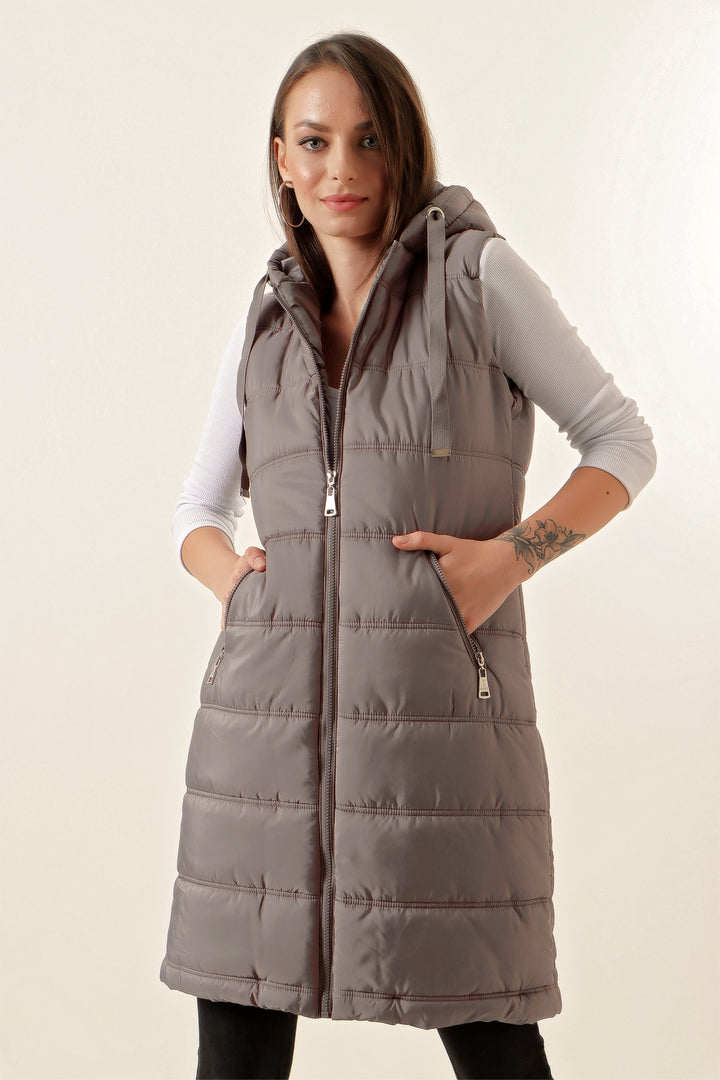 BGD Women Hooded Long Puffer Vest - Gray - Avondale