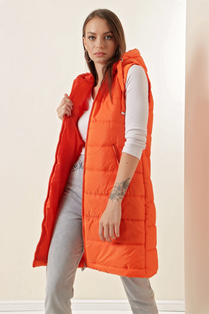 BGD Women Hooded Long Puffer Vest - Orange - Avondale