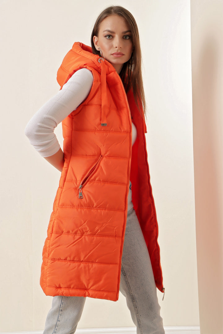 BGD Women Hooded Long Puffer Vest - Orange - Avondale