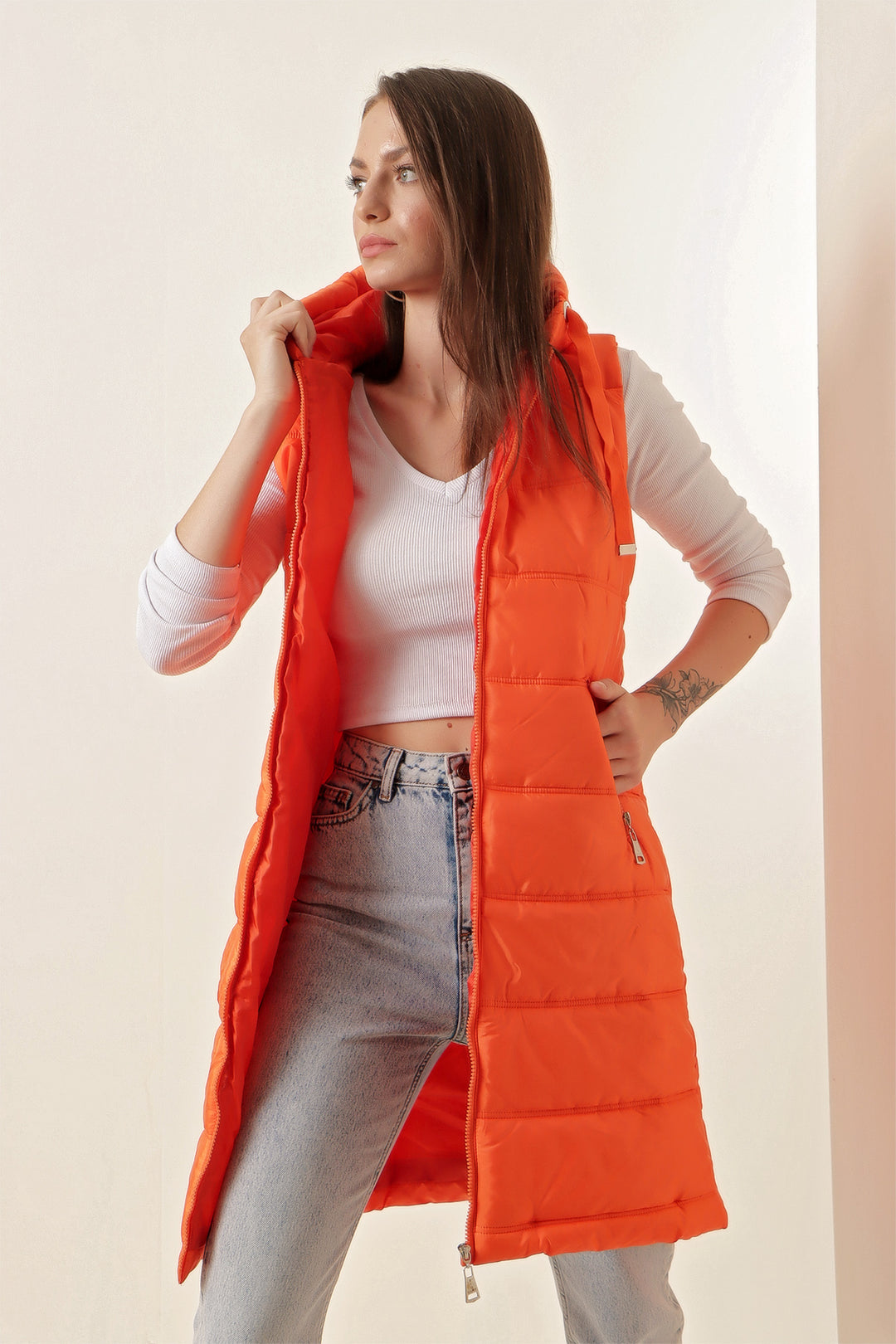 BGD Women Hooded Long Puffer Vest - Orange - Avondale