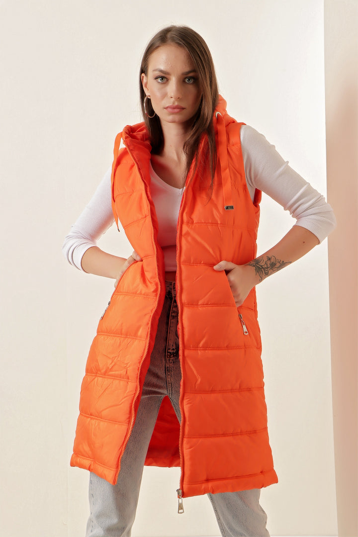 BGD Women Hooded Long Puffer Vest - Orange - Avondale