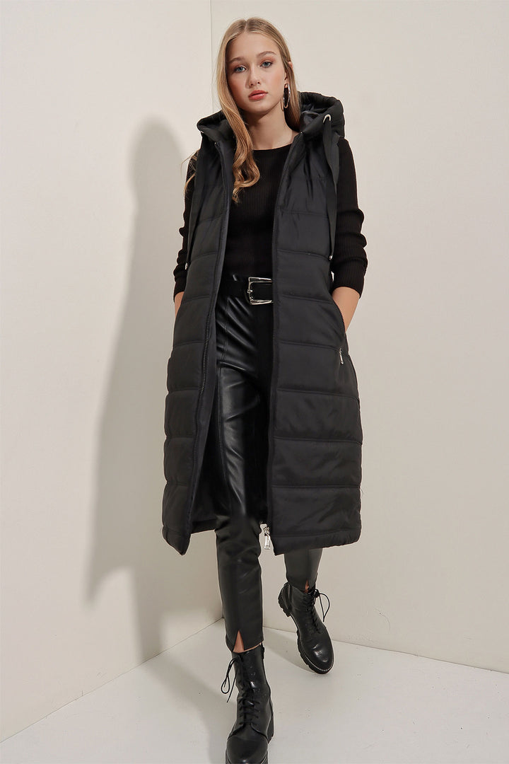 BGD Women Hooded Long Puffer Vest - Black - Avondale