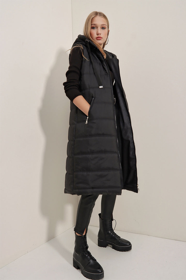 BGD Women Hooded Long Puffer Vest - Black - Avondale