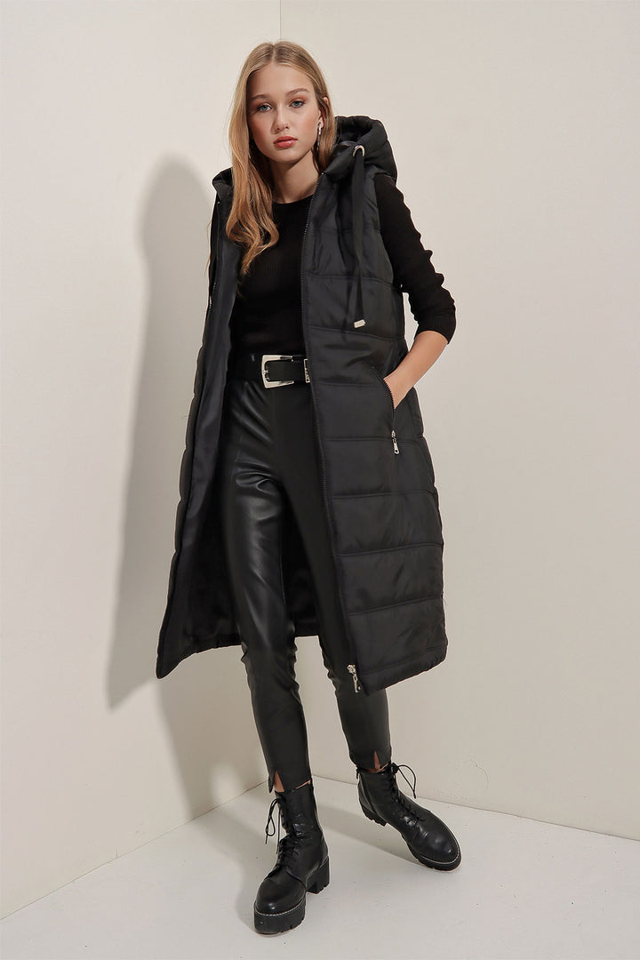 BGD Women Hooded Long Puffer Vest - Black - Avondale