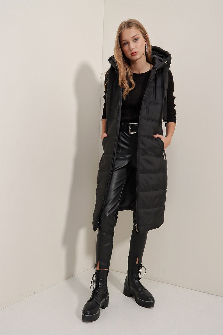 BGD Women Hooded Long Puffer Vest - Black - Avondale