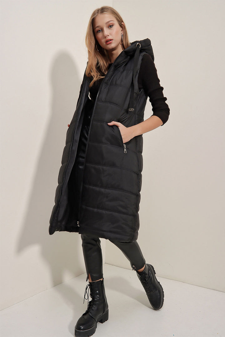 BGD Women Hooded Long Puffer Vest - Black - Avondale