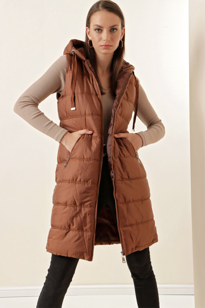 BGD Women Hooded Long Puffer Vest - Brown - Pryluky