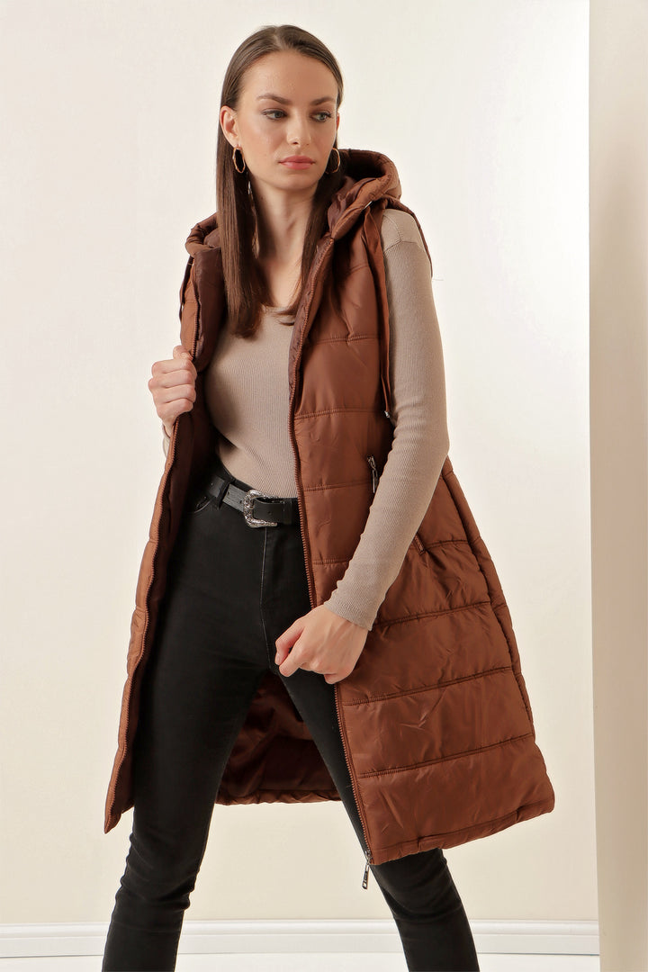 BGD Women Hooded Long Puffer Vest - Brown - Pryluky
