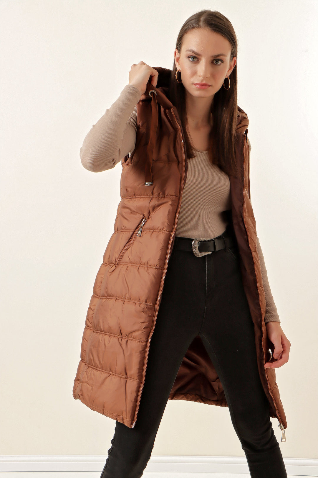 BGD Women Hooded Long Puffer Vest - Brown - Pryluky
