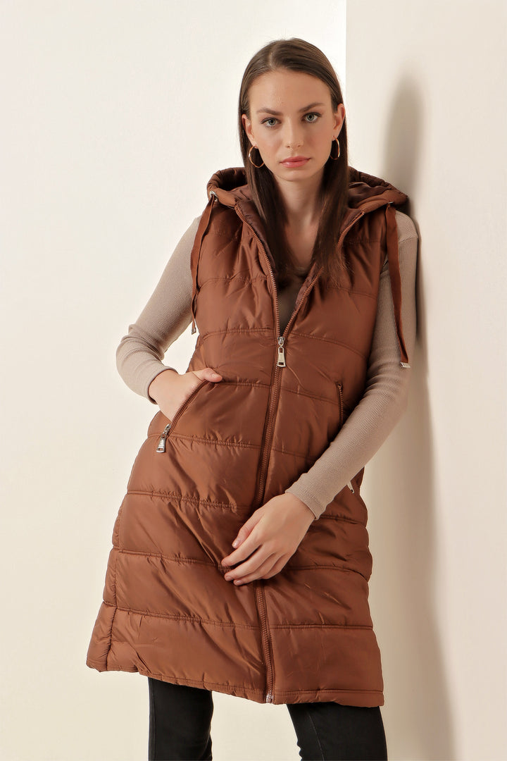 BGD Women Hooded Long Puffer Vest - Brown - Pryluky