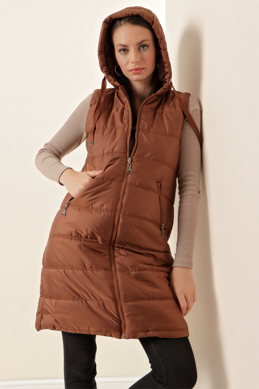 BGD Women Hooded Long Puffer Vest - Brown - Pryluky