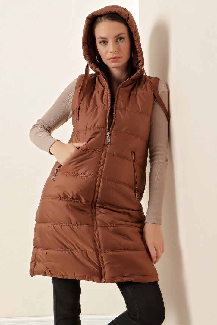 BGD Women Hooded Long Puffer Vest - Brown - Pryluky