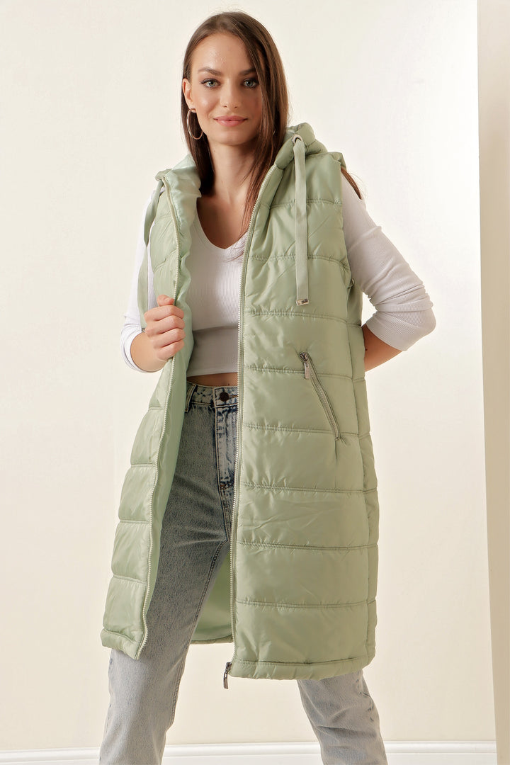 BGD Women Hooded Long Puffer Vest - Green - Bassano del Grappa