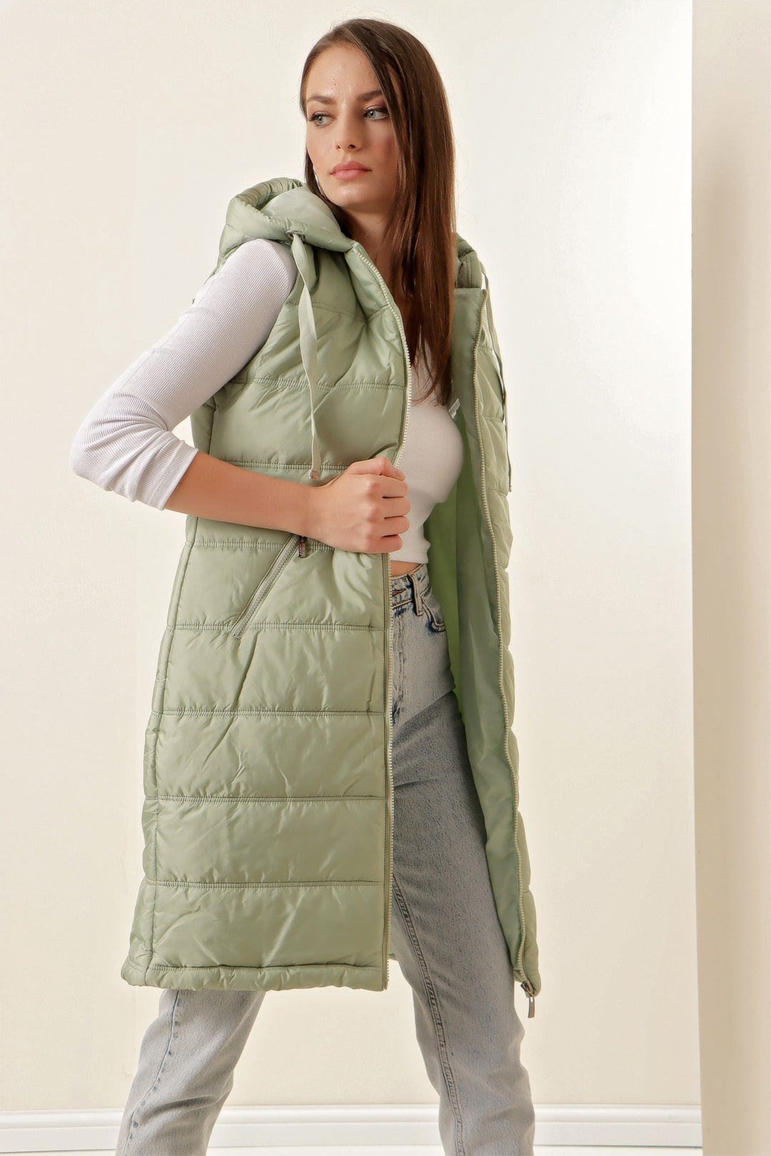 BGD Women Hooded Long Puffer Vest - Green - Bassano del Grappa