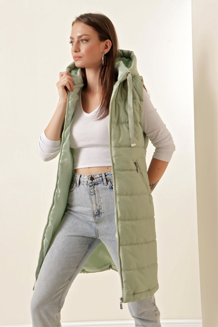 BGD Women Hooded Long Puffer Vest - Green - Bassano del Grappa