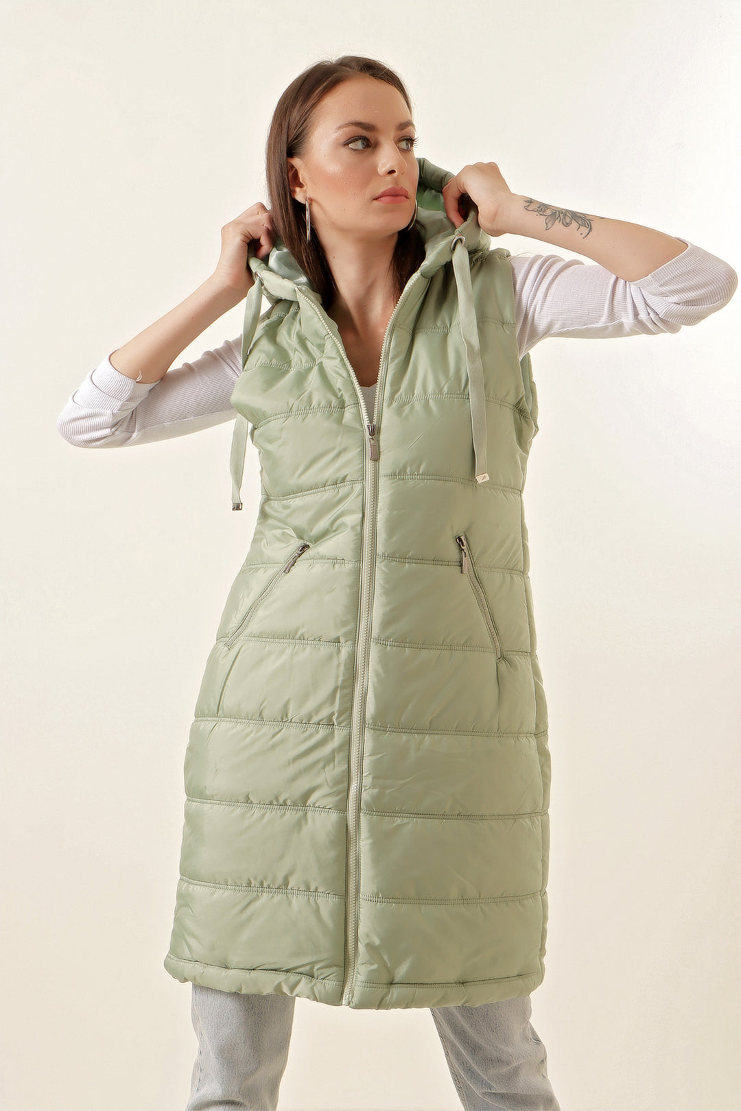 BGD Women Hooded Long Puffer Vest - Green - Bassano del Grappa