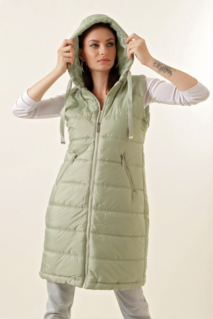 BGD Women Hooded Long Puffer Vest - Green - Bassano del Grappa