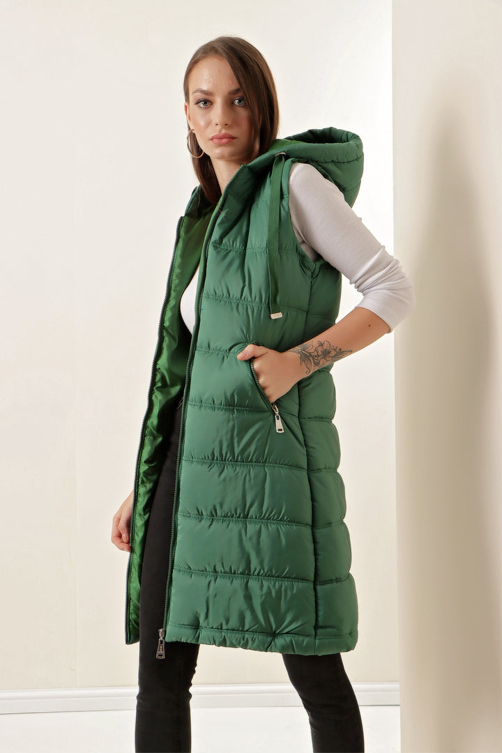 BGD Women Hooded Long Puffer Vest - Emerald Green - Avondale