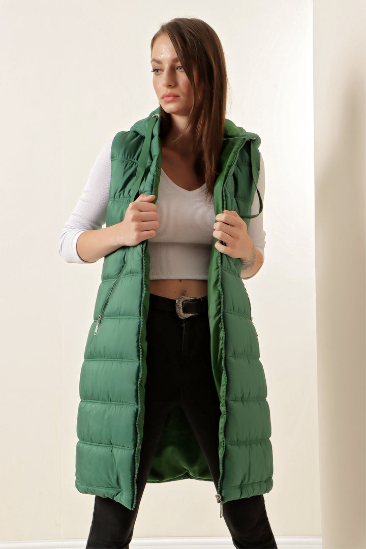 BGD Women Hooded Long Puffer Vest - Emerald Green - Avondale