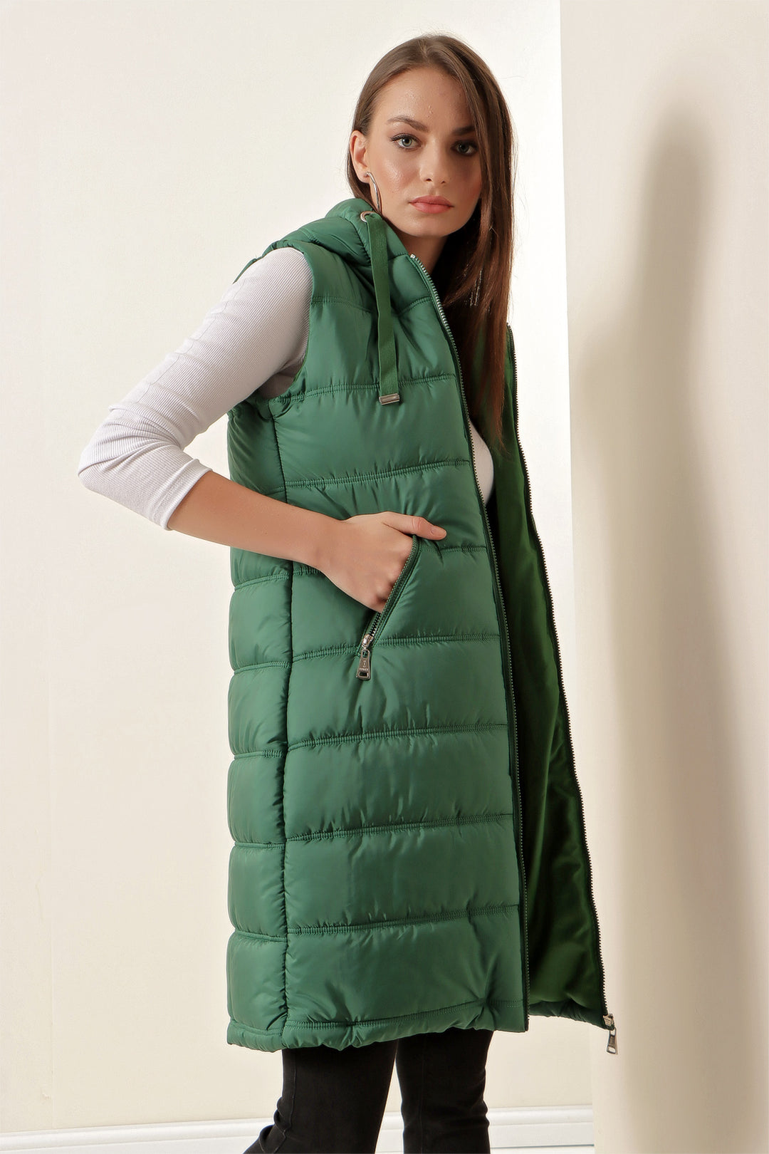 BGD Women Hooded Long Puffer Vest - Emerald Green - Avondale