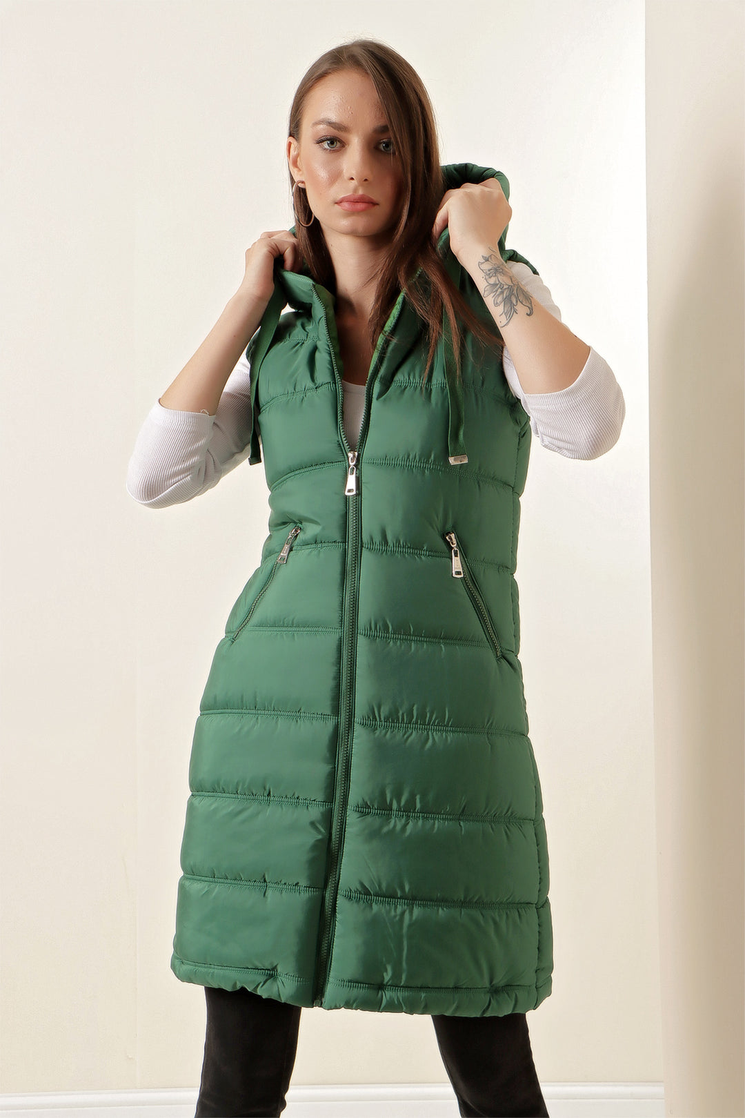 BGD Women Hooded Long Puffer Vest - Emerald Green - Avondale