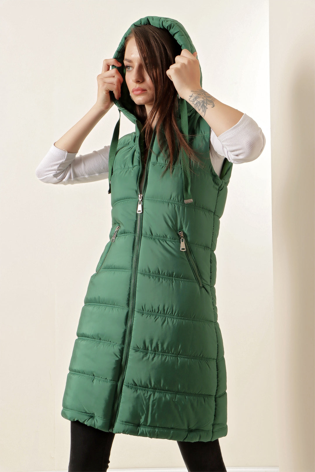 BGD Women Hooded Long Puffer Vest - Emerald Green - Avondale