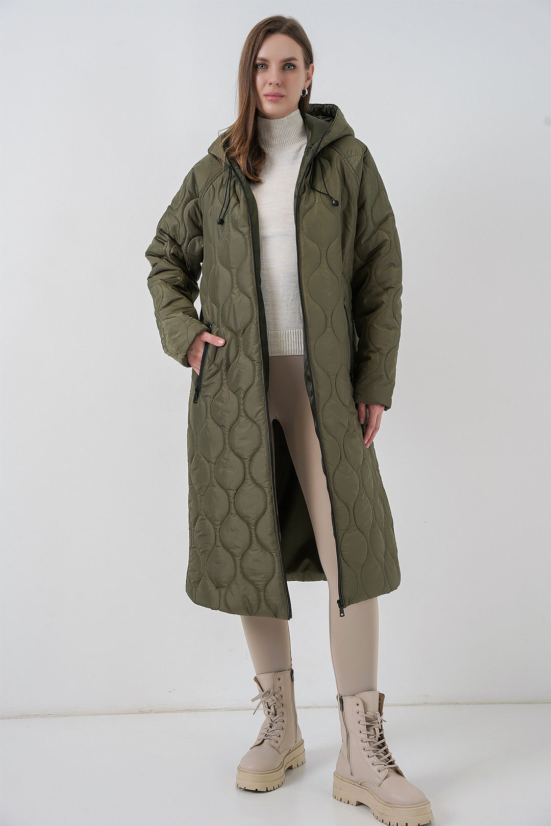 BGD Women Kapüşonlu Uzun Kapitone Mont - Haki - Výronas