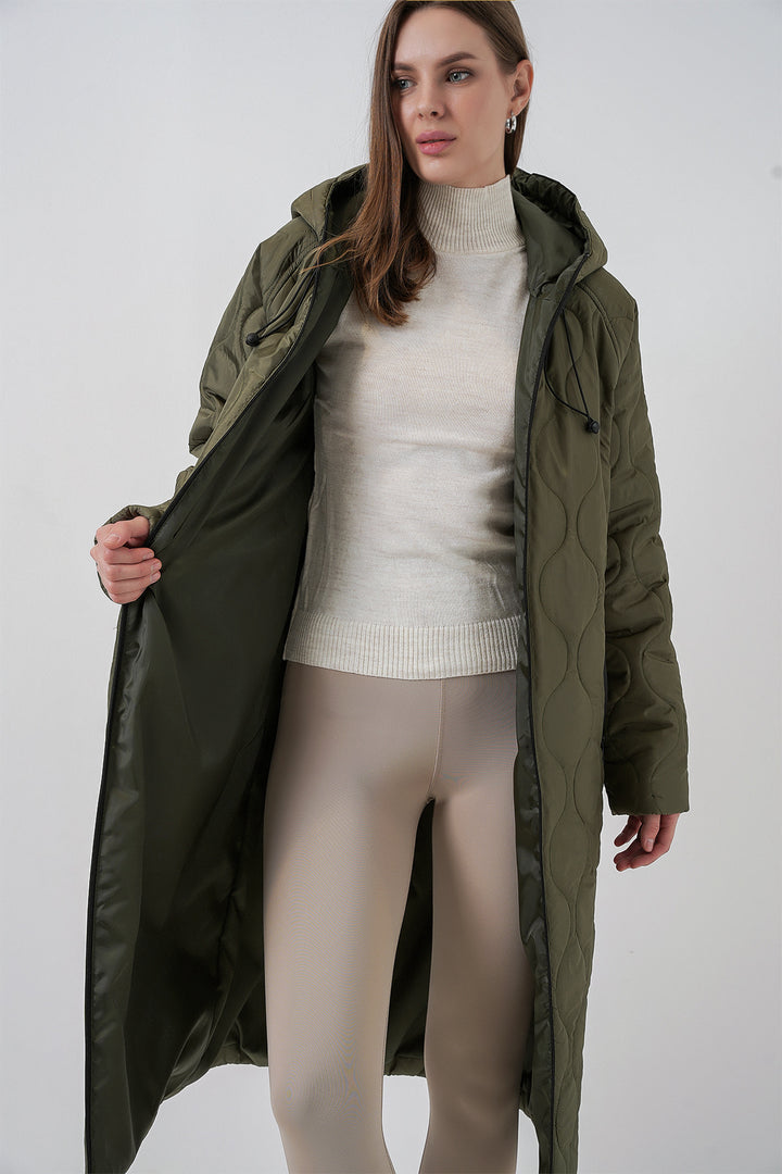 BGD Women Kapüşonlu Uzun Kapitone Mont - Haki - Výronas