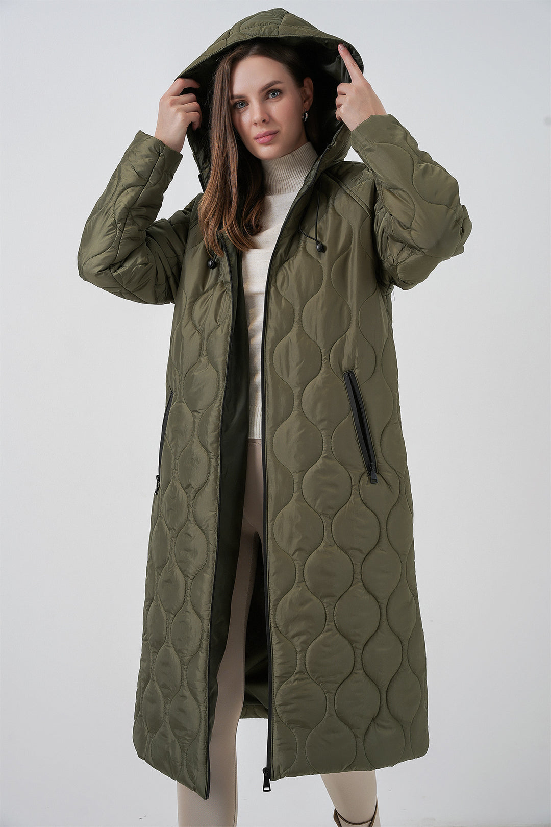 BGD Women Kapüşonlu Uzun Kapitone Mont - Haki - Výronas